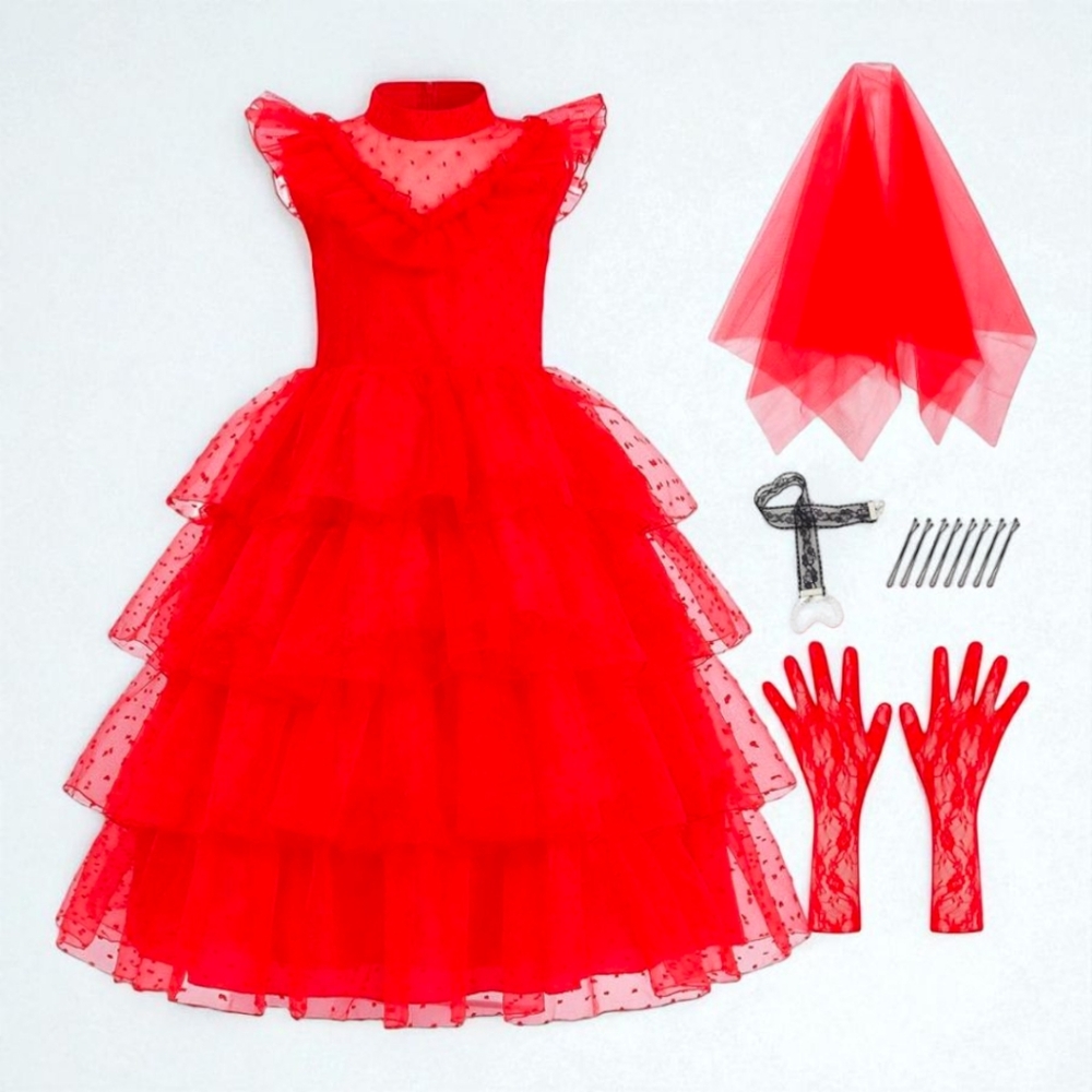 Kids Red Wedding Dress Set Horror Comedy Lydia Dietz Character Inspired Costume
